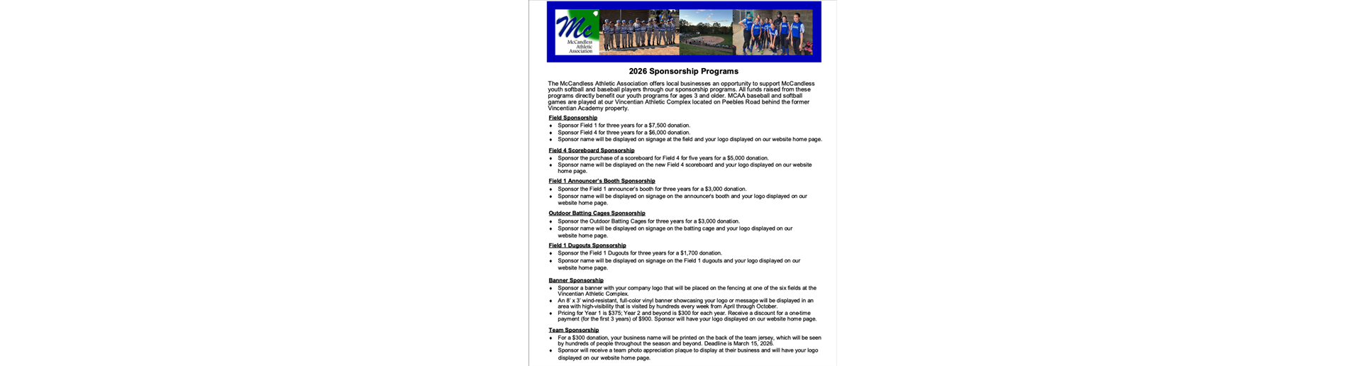 2026 Sponsorship Programs Available!
